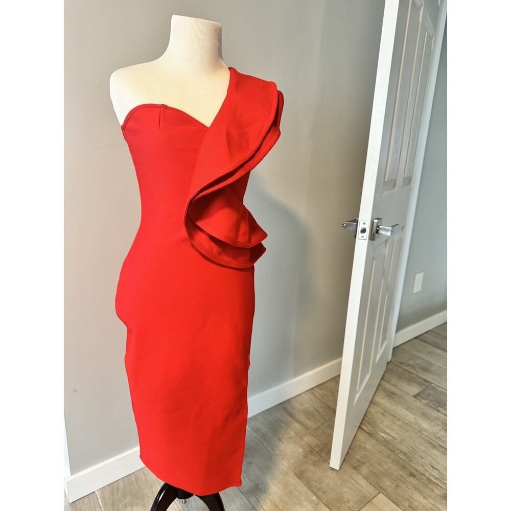One-Shoulder Ruffle Bodycon Dress – Size S – Fire Engine Red